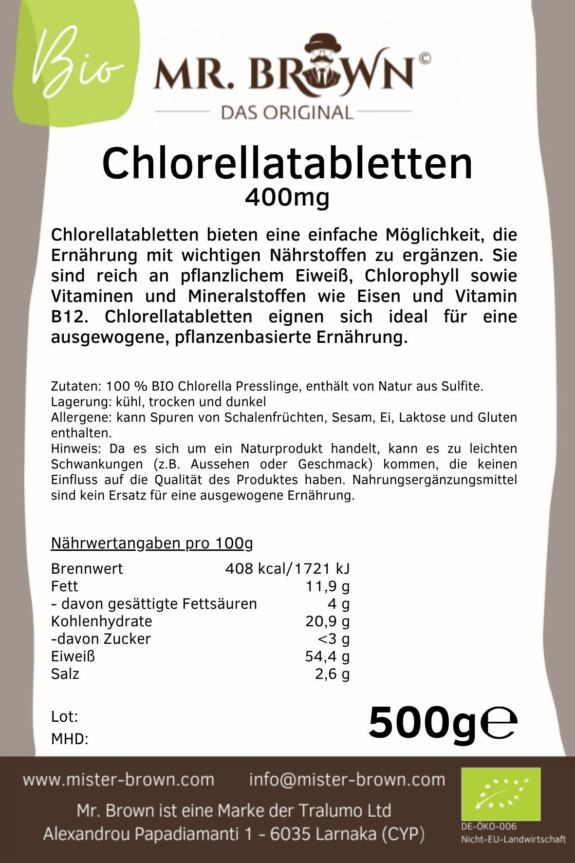 BIO Chlorella Tabletten 1kg Packung - 400 mg Presslinge | BIO Alge ohne Zusätze | vegan | 2 x 500g