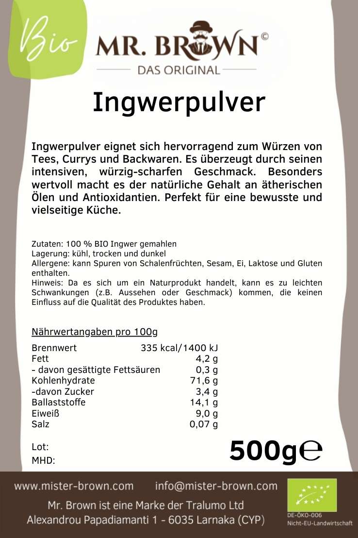 BIO Ingwerpulver, Ingwer, gemahlen, in Tees, asiatischen Gerichten uvm., fruchtig-scharf