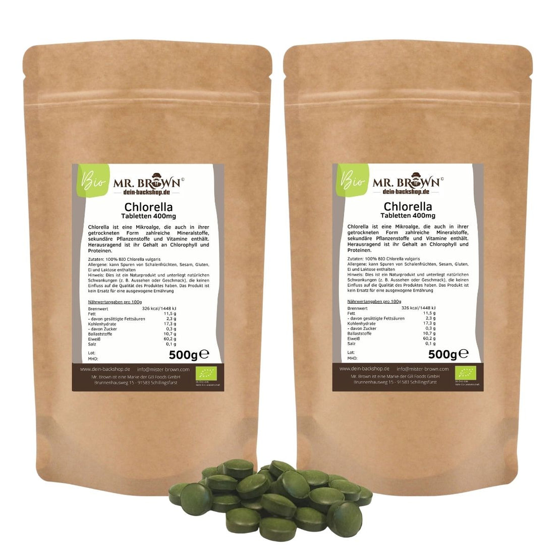 BIO Chlorella Tabletten 1kg Packung - 400 mg Presslinge | BIO Alge ohne Zusätze | vegan | 2 x 500g