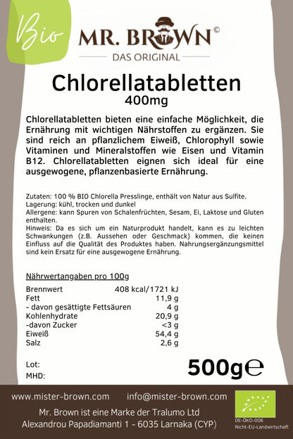 BIO Chlorella Tabletten 1kg Packung - 400 mg Presslinge | BIO Alge ohne Zusätze | vegan | 2 x 500g