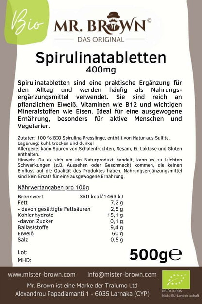 BIO Spirulina Tabletten, 400 mg Presslinge, BIO Alge ohne Zusätze, vegan 500g / 1kg